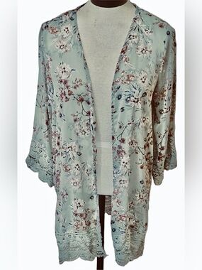 Altard State Sage Green Floral Crochet Trim Kimono